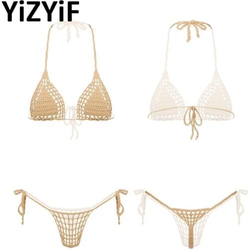 New Women Handmade Crochet Lingerie Suit Hollow Out Lace-up Micro Bikini Set Sexy Beachwear Swimwear Bra with G-string Thong