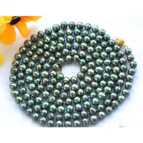 Charming 50" 8mm GREEN ROUND freshwater pearl necklace