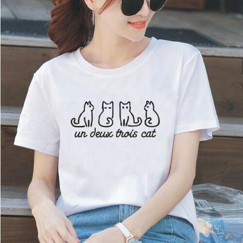 One Two Three Cat Kitten Print T-shirt Women Tops Black White Pink Tees Summer Street Casual Harajuku Cotton Plus Size T-shirts