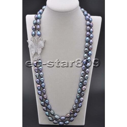 P6230 2Row 24" 14mm Peacock-Black Rice Freshwater PEARL CZ Butterfly NECKLACE Women Fashion Jewelry