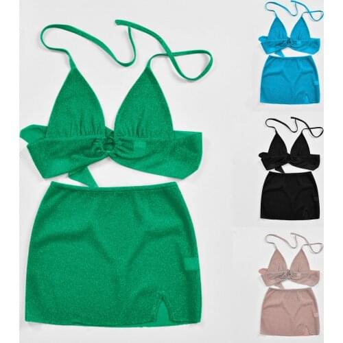 Beach Mini Dress Outfits Womens Fashion Sexy Shiny Backless Navel Lace Up Perspective Bright Silk Female Suit ensemble femme