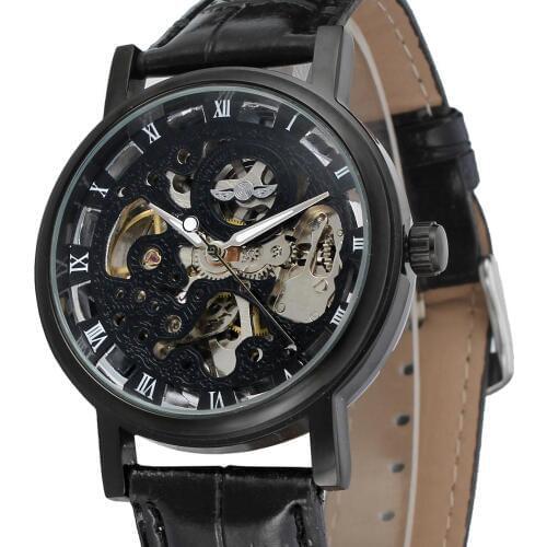 WINNER 2019 New Fashion Mens Watch Hollow Engraving Case PU Leather Skeleton Mechanical Wrist Watches for Men Clock Timer