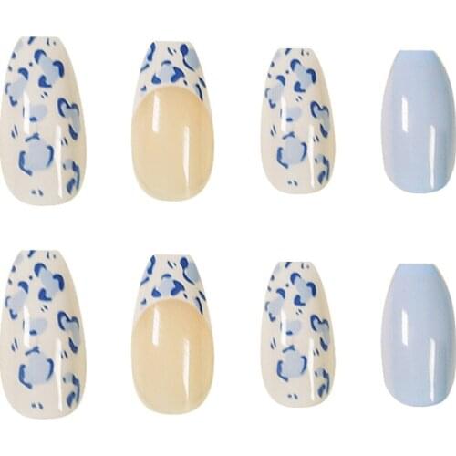 Fake Nails Cream White Baby Blue Short Nail Stickers Finished Nail Stickers 24 Nail Stickers With Glue SANA889