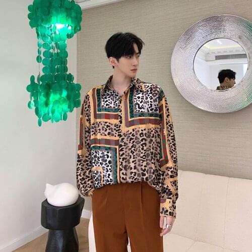 Men Leopard Print Translucent Long Sleeve Casual Thin Shirt Male Vintage Fashion Streetwear Shirt