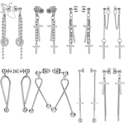 ZS DNA Boy Kpop Drop Earrings for Men Women Stainless Steel Cross Dangling Earring Tassel Korean Ear Helix Cartilage Piercing