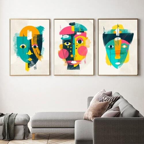 Contemporary Abstract Faces Canvas Geometric Color Bolcks Posters Prints Wall Art Pictures for Living Room Home Decor