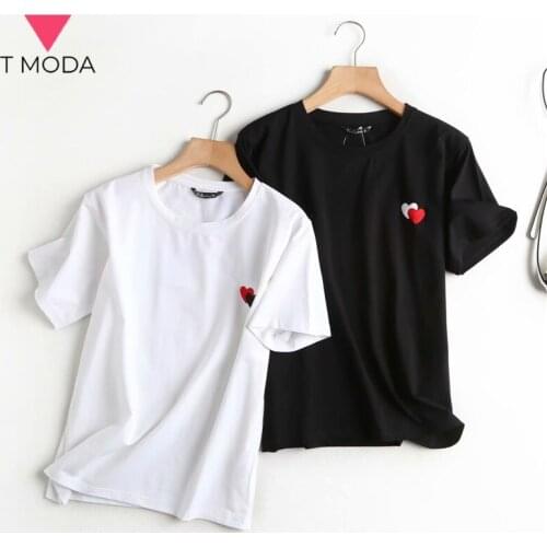 T MODA 2021 Summer Women Cotton T Shirt Casual Embroidery Love Heart Classic Tshirt Casual Female Outfits For Lady White Tops