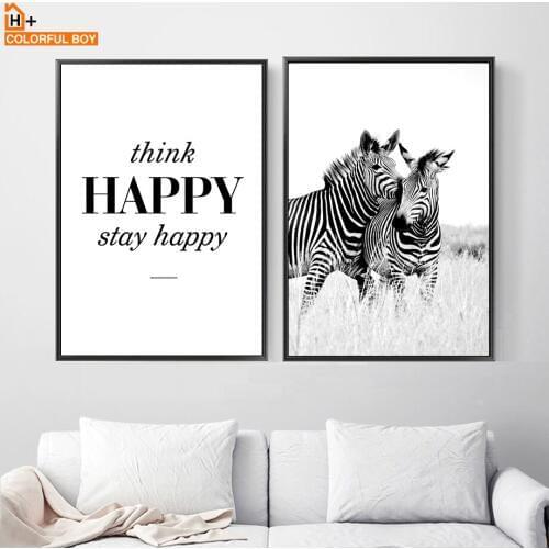 Zebra Happy Quotes Wall Art Canvas Painting Nordic Posters And Prints Black White Animal Wall Picture For Living Room Home Decor