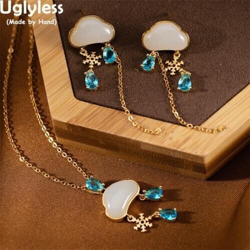 Uglyless Natural Jade Clouds Jewelry Sets Women Water Drop Crystals Tassels Earrings Necklaces + Chain 925 Silver Flakes Pendant