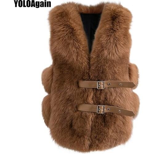 YOLOAgain Spring Autumn Fashion Women V-neck Natural Real Fox Fur Vest Gilet