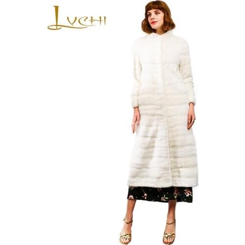 LVCHI 2019 Velvet Real Mink Coat Womens Long Sleeve Coat Mandarin Collar Pure Color Slim Causal X-Long Wave Cut Mink Fur Coats