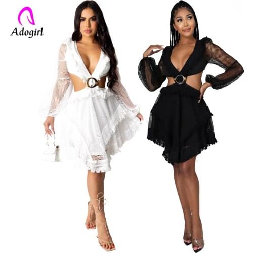 Ruffle Women Mini Dress Long Sleeve Mesh Pleated Deep V Neck Dresses 2021 Autumn Sexy Backless See Through Night Party Vestidos