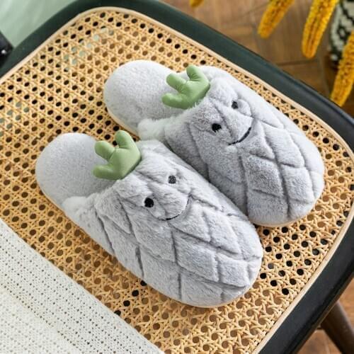Winter Cotton Slippers Flock Fruit Pattern Adult Non-Slip Wear-Resistant Women Men Lovers Flat Shoes Plush Home Female Slippers