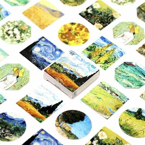 40Pcs/lot Kawaii Van Gogh Painting Door Sticker Wall Mural Art Green Tree Wallpaper Poster Stickers Self Home Door Decals