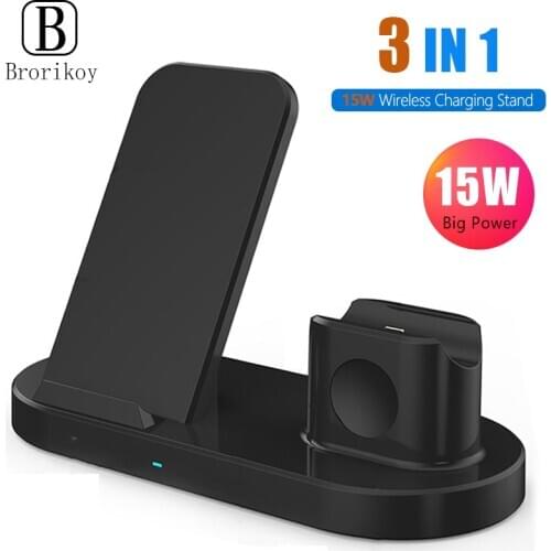 Qi Wireless Charger Stand 3in1 15W Quick Charge Dock for Samsung S20 iPhone 11 Wireless Charging for Apple Watch 6 5 4 3 Airpods
