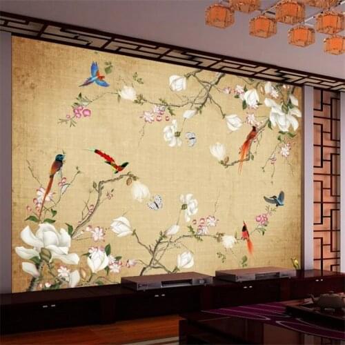 Wellyu Custom large wall painter with Chinese hand-painted meticulous flower and bird background wall wallpaper