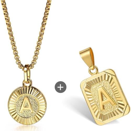 Fashion 2pcs Letter Pendants with Chain Necklace Gold Round Square Charm Box Link Chain For Women Name Jewelry Gift