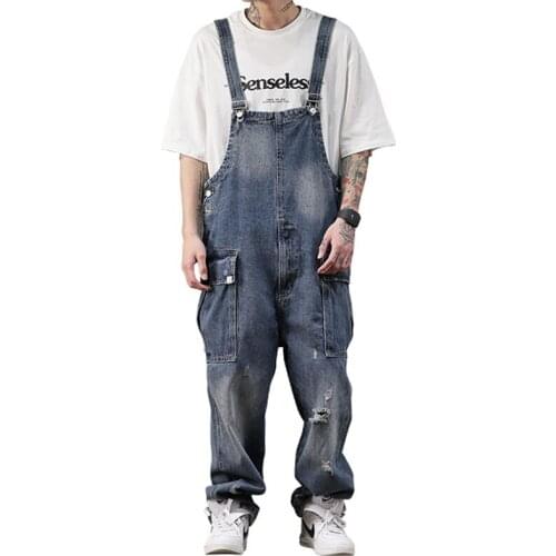 2021 Spring Hole Ripped Bib Jeans Men Overalls Denim Jumpsuits Japan Big Pocket Loose Blue Hip Hop Pants Fashion Trousers