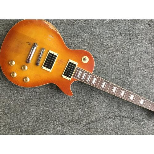Customized body and headstock shape electric guitar,relic effect on whole guitar 3 pieces body semi glossy