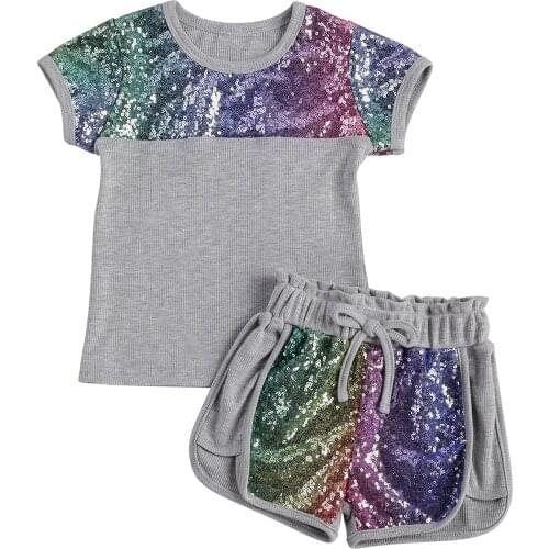 3-7Years Summer Kids Baby Girls Sequin Set Short Sleeve Top Elastic Sequin Shorts Casual Set Clothes