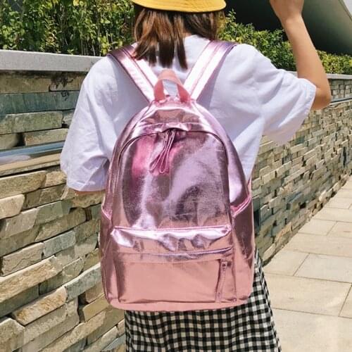 Kpop Shiny backpacks women big capacity Casual Girls School Bag Laptop Backpack sac PU leather Travel Rucksack female bags Silve