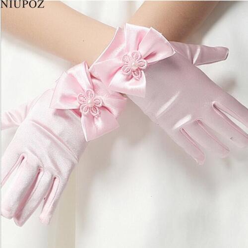 Lovely Elastic Girls Etiquette Gloves Flower Satin Bow Pearl Short Lace Bow Gloves Children Princess Dance Gloves Kids Gift G62