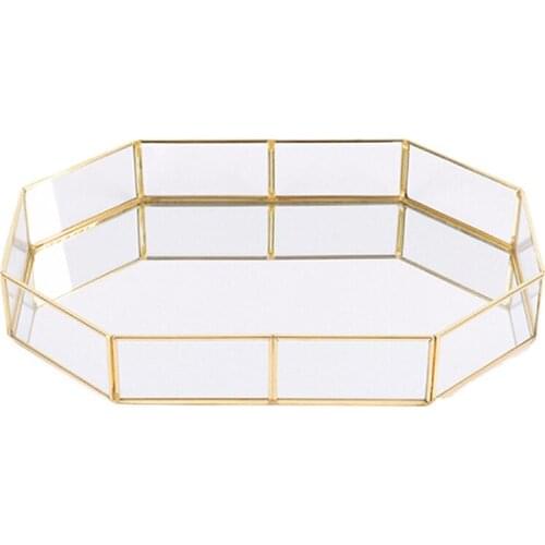 Fashionable simple glass storage jewelry plate decoration practical European retro copper strip mirror tray
