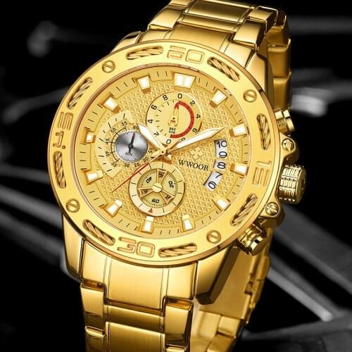 WWOOR Men Watches 2021 Luxury Waterproof Quartz Analog Gold Watch For Men Fashion Military Big Dial Male Sport Chronograph Clock