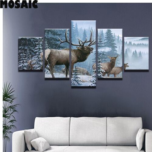 5 Pieces 5D DIY Diamond Painting Elk Family In Snow Pine Tree Embroidery Full Square Diamond Cross StitchRhinestone Mosaic decor