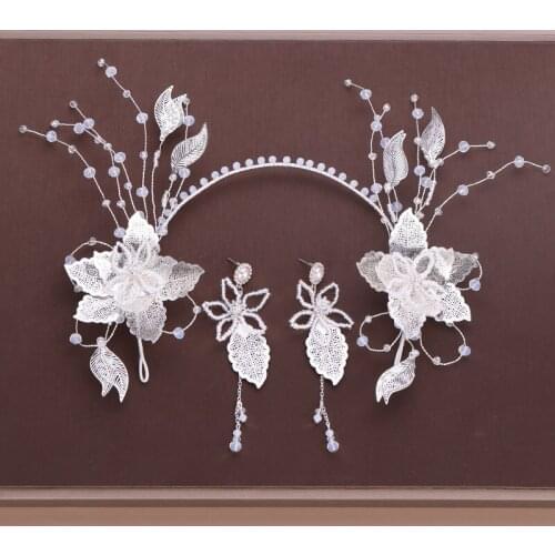 Korean Sweet Hairband Earrings Set Bride Tiara Sliver Flower Leaves Shape Bead Crown Ear Stud Kit Women Hair Accessories BN