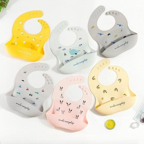 Waterproof Baby Bibs Soft Silicone Feeding Bib Baby Stuff Solid Feeding Cartoon Color Dinosaur Print Girl Boy Adjustable Bib