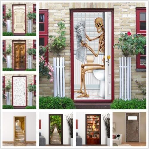 Skeleton Reading a Newspaper Door Sticker Peel and Stick Wallpaper Waterproof Poster for Living Room Bathroom Home Decor Decals