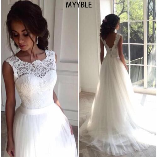MYYBLE New Lace O-Neck Lace Tulle Boho cheap Wedding Dresses Summer Beach Bridal Gown Bohemian Wedding Gowns robe de mariage