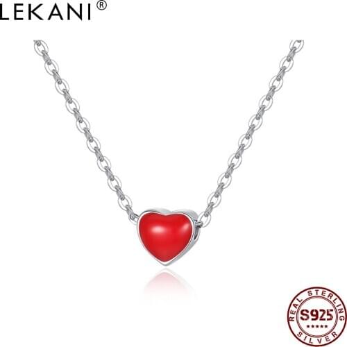 LEKANI Real 925 Sterling Silver Necklace For Women Red Enamel Heart Pendant Necklaces Romantic Anniversary Jewelry Accessories