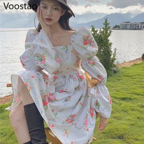 Autumn Elegant Floral Print Dress Women Sweet Square Collar Puff Sleeve Holiday Dresses Spring French Female Chic Party Vestidos