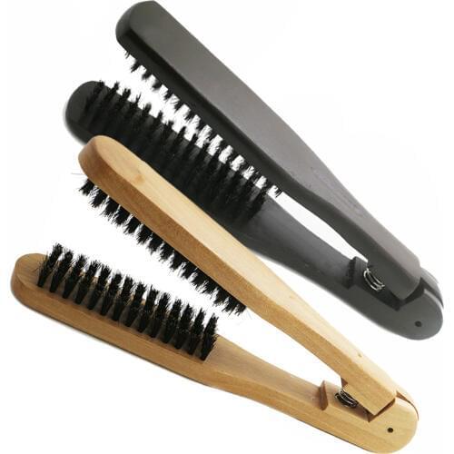 Dropshipping Hair Straightening Brushes Double Side V Shape Comb Clamp Naural Boar Bristle Wooden Handle Combs Styling U1171