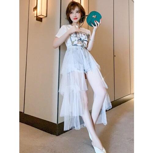 Layer by layer nail bead mesh splicing denim shorts skirt womens wear 2021 Spring new