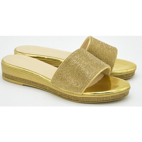 Gold African Lady Medium Heel Casual Slipper Shoes With Rhinestones 222-3 Heel Height 3.5CM