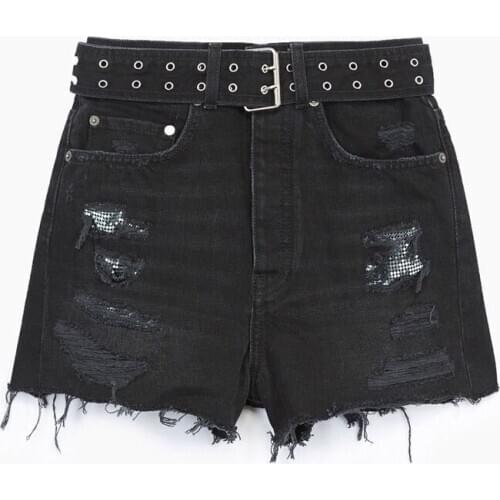 Denim shorts Internet celebrities diamond beading shorts female hand made hole burr tassel denim shorts with belt F1372