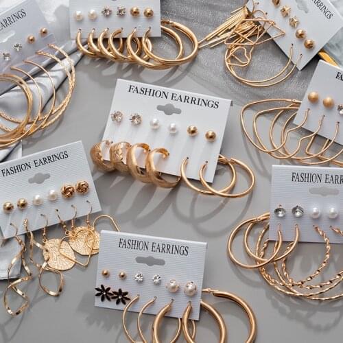 NEW Vintage Hoop Drop Earrings for Women Female Statement Geometric Gold Metal Round Earring 2021 Trendy Jewelry accessories Set