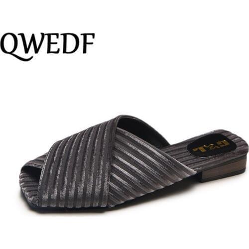 QWEDF Women Flat Slippers Slip On Suede Brand Designers 2019 Fashion Luxury T-strap Slides Slip On Loafers Mules D1-42