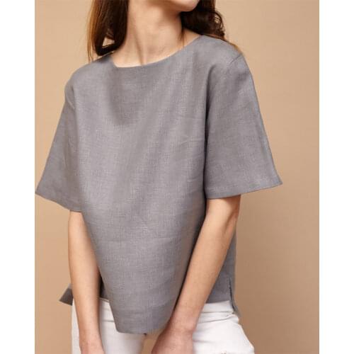 Echo French linen practical minimalist temperament round neck half sleeve top solid color linen comfortable pullover T-shirt