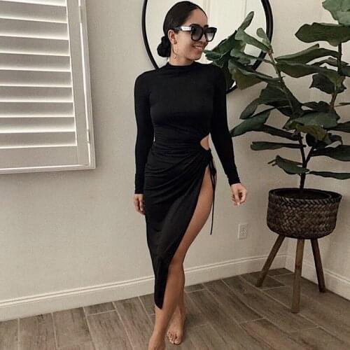 Drawstring Bandage Sexy Dress Women Elegant Evening Bodycon Party Dresses Long Sleeve O-Neck Long High Split Maxi Dress 2020