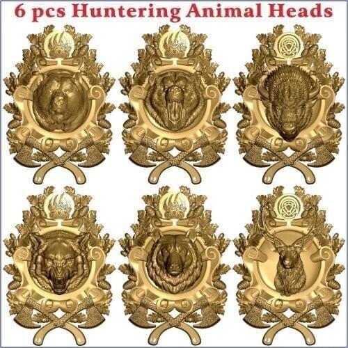 6 pcs Huntering Animal Heads 3d STL Model Relief for CNC Router Aspire Artcam _Bear_Bison_Deer_Grizly_Wolf
