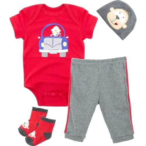 KAVKAS Baby Boy Clothes Set 4 pcs/lot 100% Cotton Bodysuit+Pants+Hat+Socks Summer Short Sleeve Girl Clothing Outwear