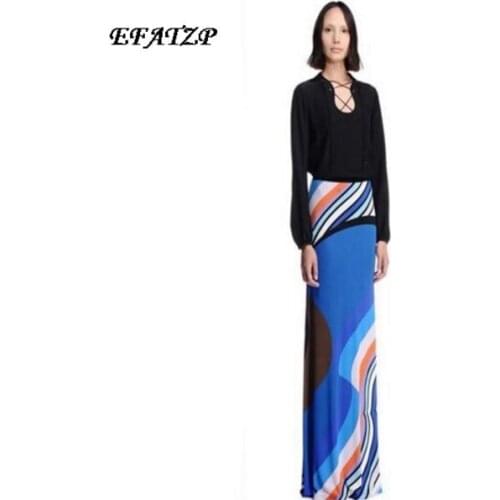 [EFATZP] New Fashion Stretch Jersey Silk Dress Womens Long Sleeve Geometric Print Maxi Long Dress Plus Size XXL Casual Dress