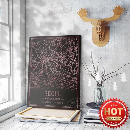 Seoul Korea South Map Art Poster, World Travel City Black Pink Map Decor Wall Picture, Nordic Style Bar Pub Club Decor Mural