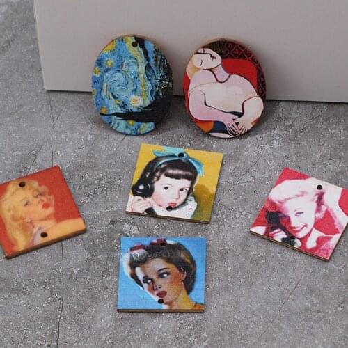 Impressionist master oil painting square wood chip oval wooden pendant diy art earring material handmade earring accessories