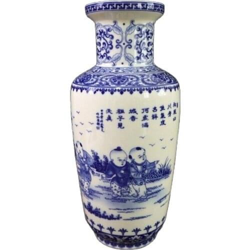 China Old Porcelain Blue And White Baby Play Pattern Vase