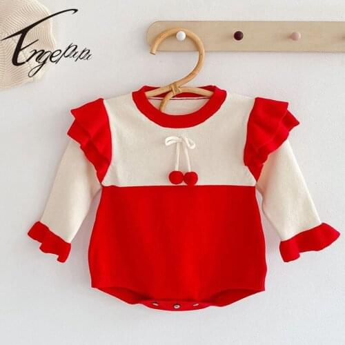 Engepapa Spring Autumn Stitching Cherry Knitting Long Sleeve Jumpsuit Baby Girls Clothes Toddler Baby Girl Knitting Romper
